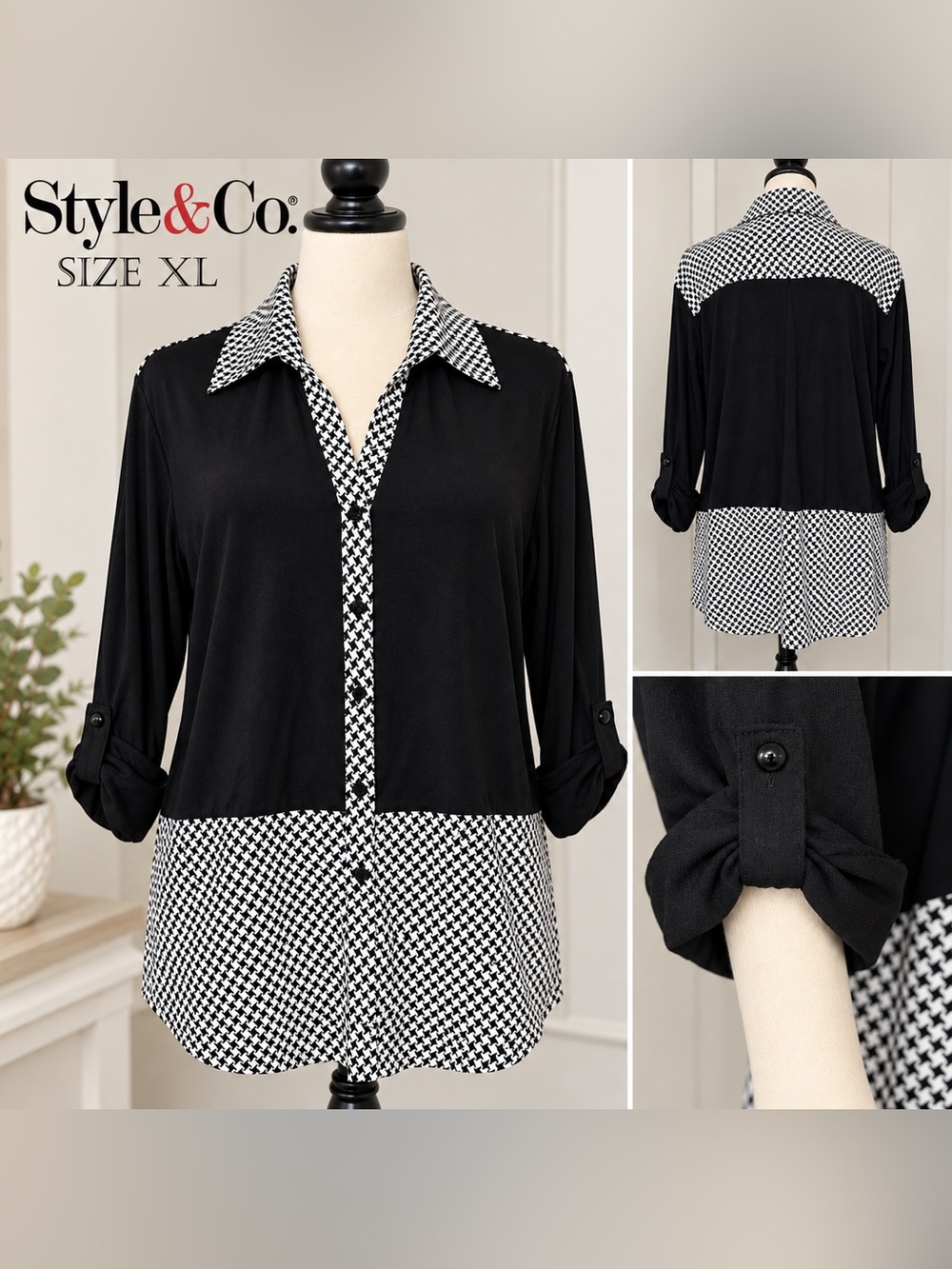 🖤🤍 Style & Co. Black and White Houndstooth Trim Button-Front Women's Shirt